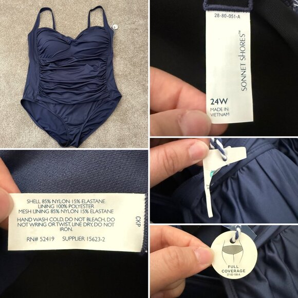 Sonnet Shores Blue Full Coverage Ruched Swimsuit 24W 3X Modest Bathing Suit - Picture 6 of 9